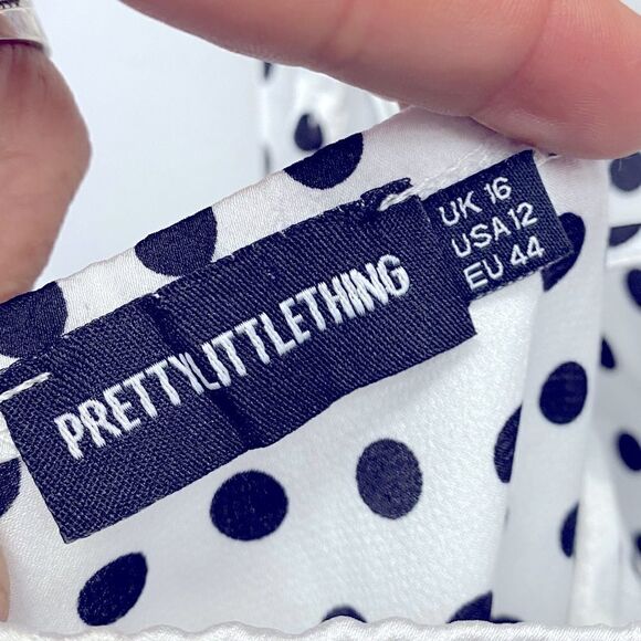 Pretty‎ Little Thing White Polka Dot Satin Open Back Midi Slip Dress Sz 12 - Picture 6 of 7